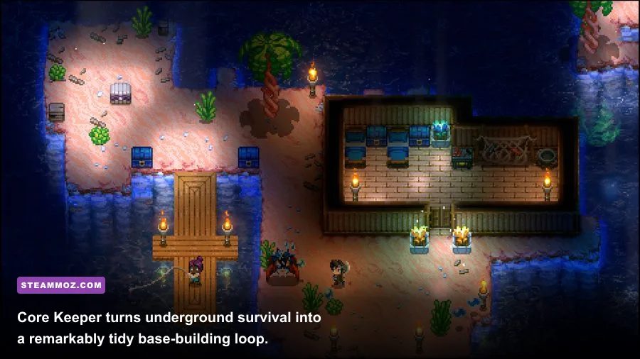 Core Keeper underground base with crafting stations and farming plots