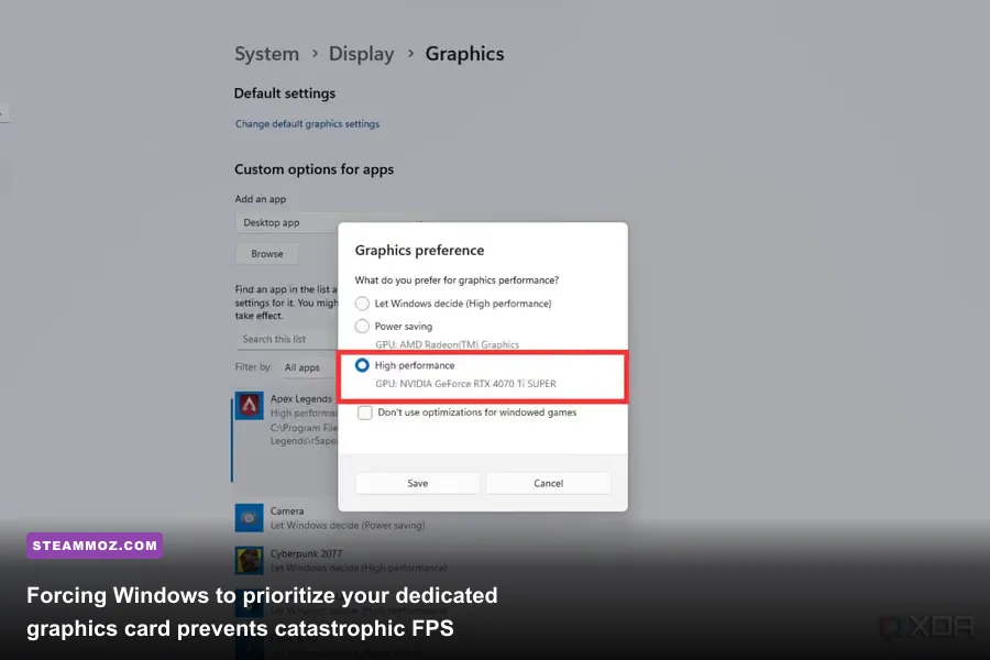 Windows Graphics Settings panel assigning High Performance GPU to a game executable