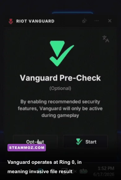 Riot Vanguard kernel level anti-cheat notification interface on desktop