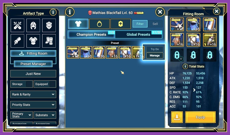 Lifesteal gear set equipped on a 6-star champion in Raid Shadow Legends
