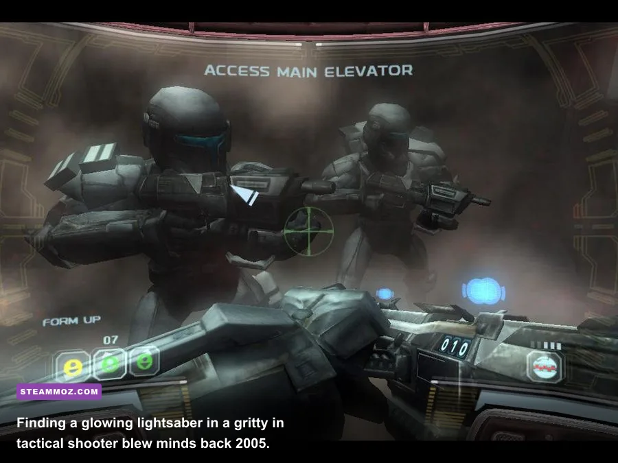 Delta-38 inspecting the abandoned glowing lightsaber aboard the Ghost Ship Prosecutor