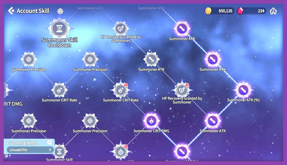 Summoners War Chronicles skill tree screen showing upgrade paths