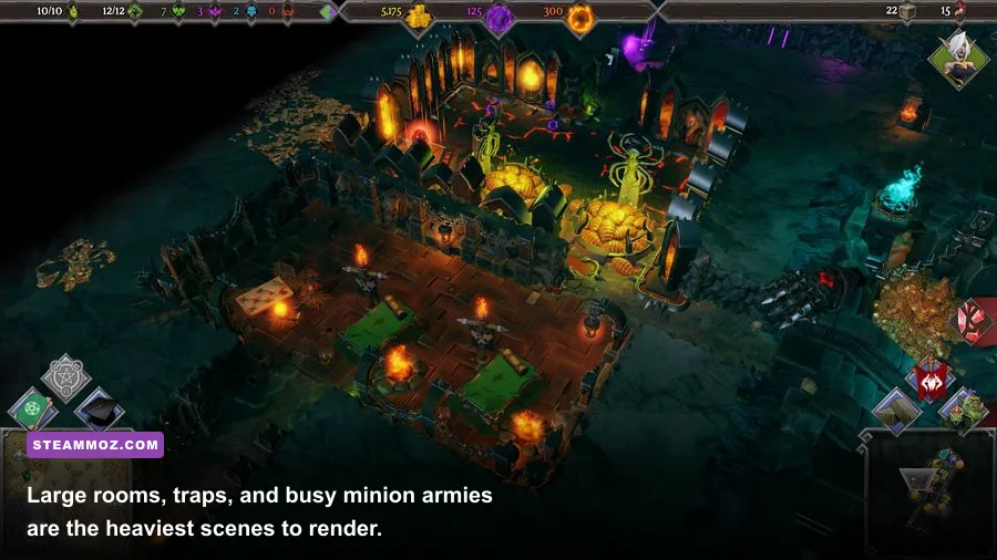Dungeons 3 dungeon management interface showing rooms traps and minions