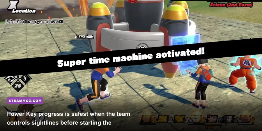 Survivors installing a Power Key beside a beacon in Dragon Ball The Breakers