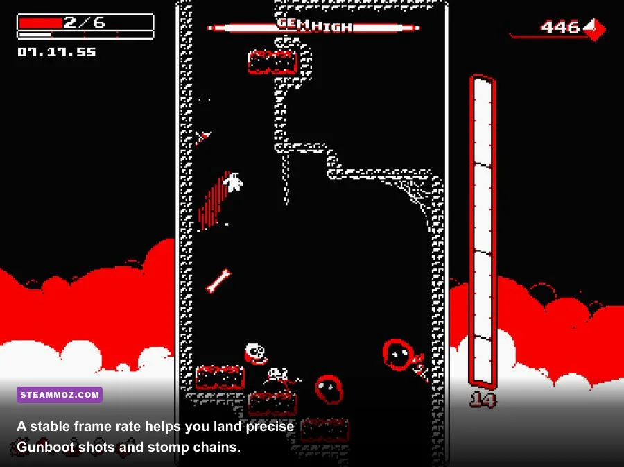 Downwell Gunboots firing downward at enemies during a fast vertical descent