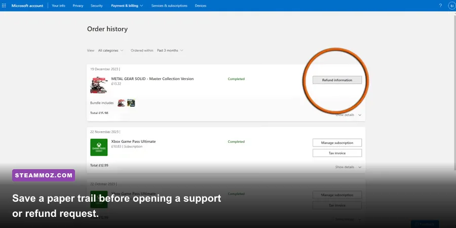 PC digital game purchase order history and customer support request