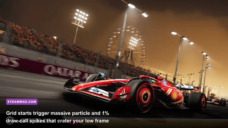 Twenty race cars bunched together at a grid start producing alpha tire smoke