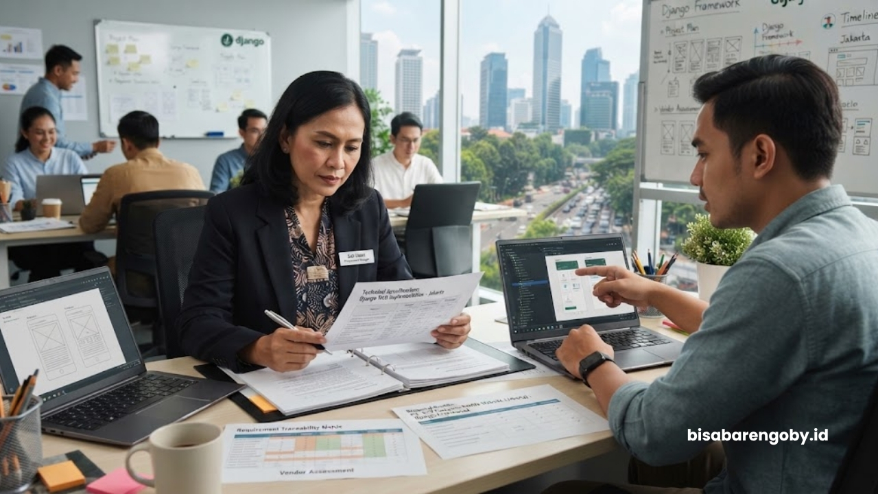 Manajer pengadaan mengevaluasi dokumen teknis saat merencanakan implementasi website company profile untuk perusahaan di Jakarta berbasis Django