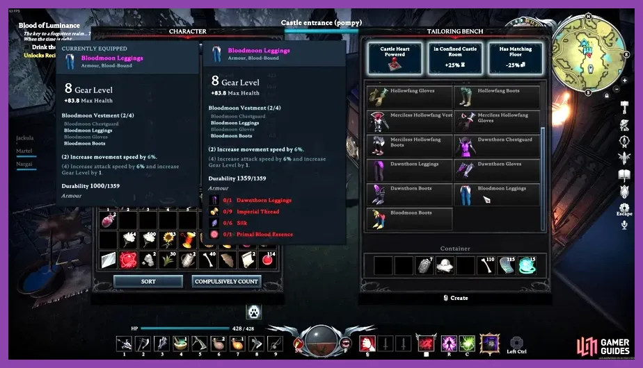 V Rising character wearing Sanguine weapons and Bloodmoon armor tier 90 score