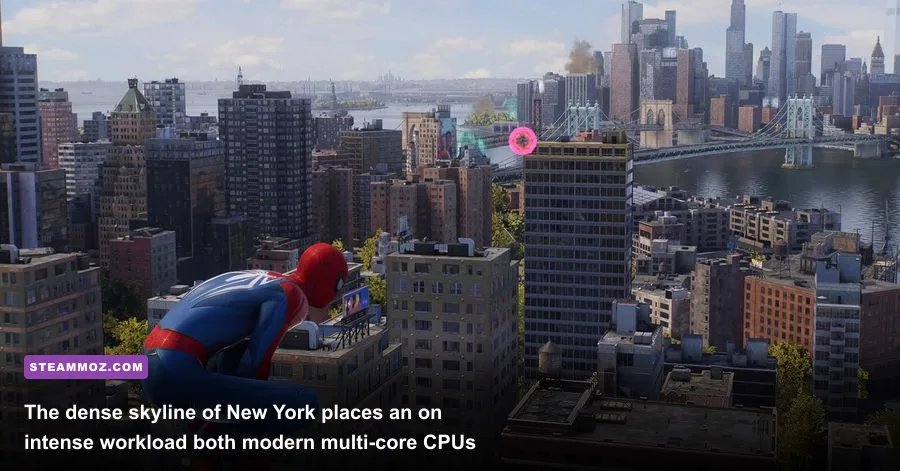 High-altitude view of New York City in Spider-Man Remastered showing dense geometry