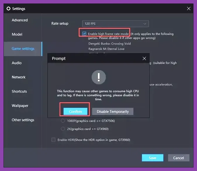 LDPlayer graphics configuration screen for mobile games