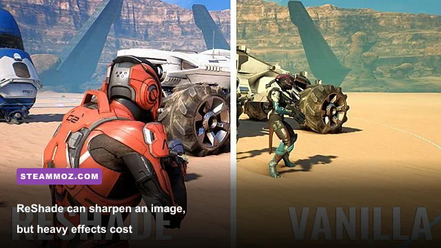 Before and after ReShade graphics comparison in a PC game on Windows