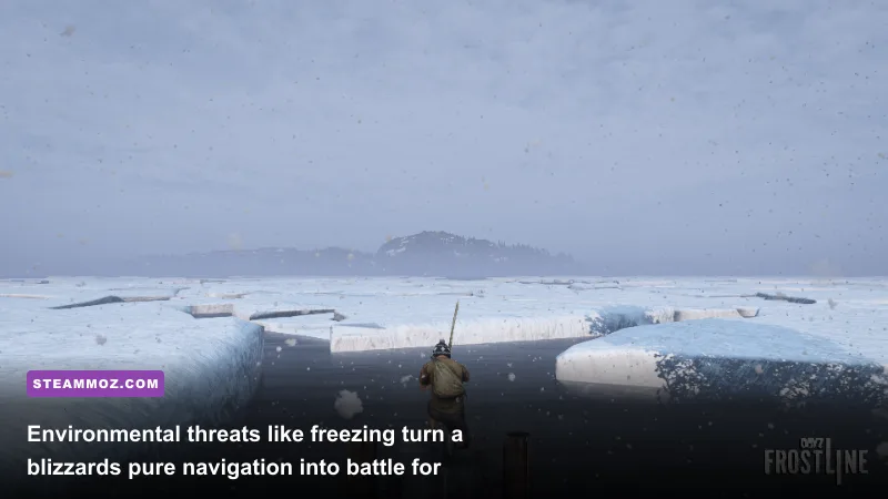 Survivor braving sub-zero blizzard winds on the frozen coastline of Sakhal