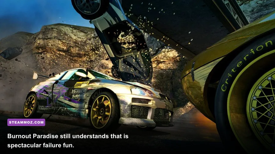 Burnout Paradise Remastered traffic crash during a city race