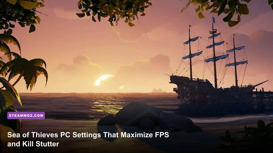Sea of Thieves player sailing a sloop on vibrant ocean water during sunset