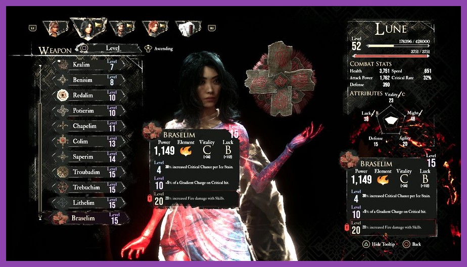 Inventory display showing mid-tier B-grade weapons and stats in Expedition 33