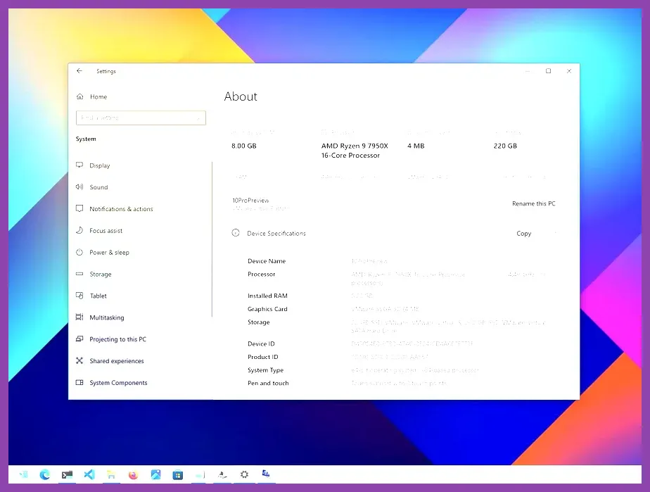 Windows System Information window displaying CPU, GPU, and RAM details