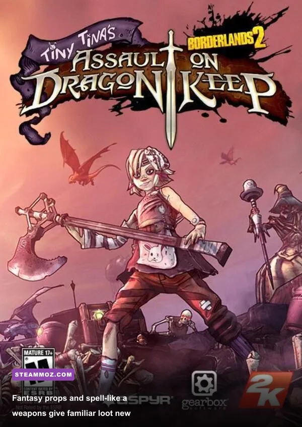 Fantasy-themed weapons and magic projectiles in Tiny Tina's Assault on Dragon Keep