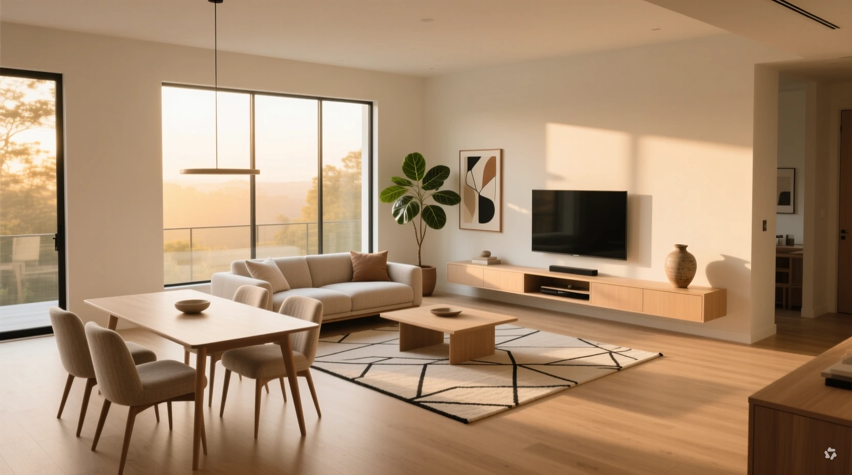 open-concept living room with furniture arranged to define separate zones without walls