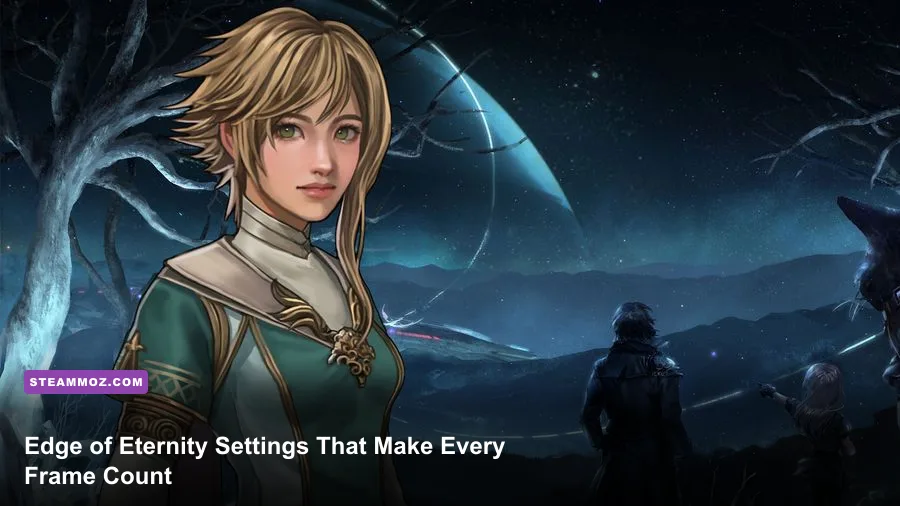 Edge of Eternity PC screenshot showing Daryon and Selene in a futuristic landscape
