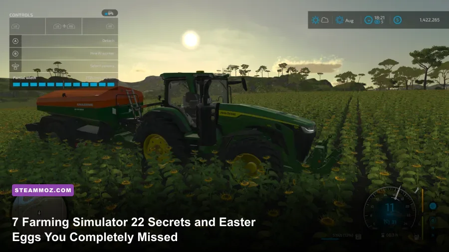Farming Simulator 22 tractor overlooking a scenic valley at sunset