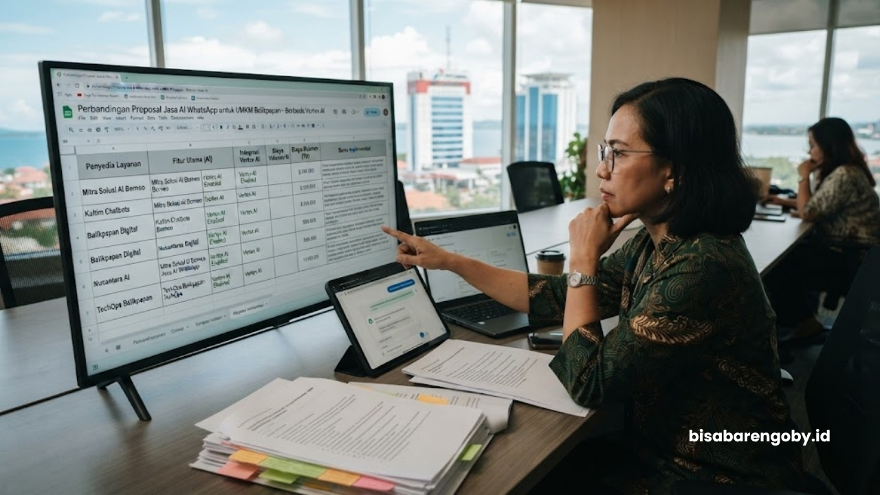Manajer operasional menyeleksi proposal jasa AI WhatsApp untuk UMKM di Balikpapan berbasis Vertex AI