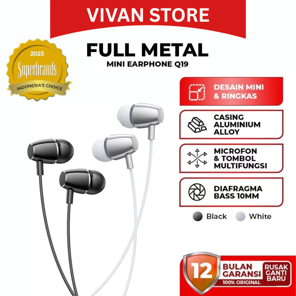 VIVAN Q19 Earphone Mini Full Metal Bass 10 Mm Mic & Tombol Aluminium Alloy