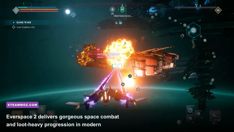 Everspace 2 dogfight showing player ship firing lasers in asteroid field