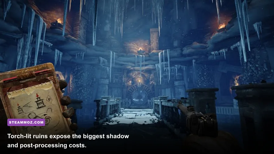 Deadfall Adventures ancient ruins corridor with torch lighting and shadows