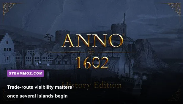 Anno 1602 trading ship approaching a busy island harbor