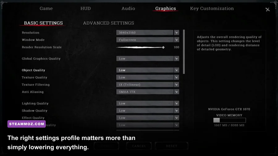 Hunt Showdown 1896 PC graphics settings menu with performance options