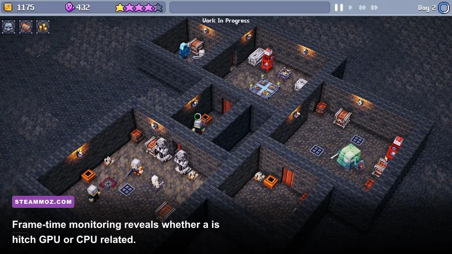 Dungeon Tycoon performance test with FPS and frame-time overlay