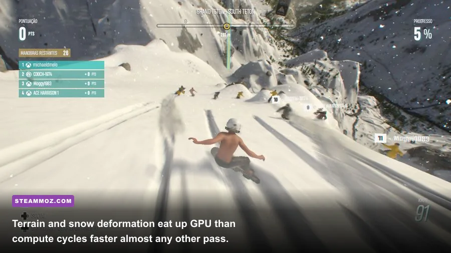 Snowboarder carving fresh powder with dynamic snow deformation in Riders Republic
