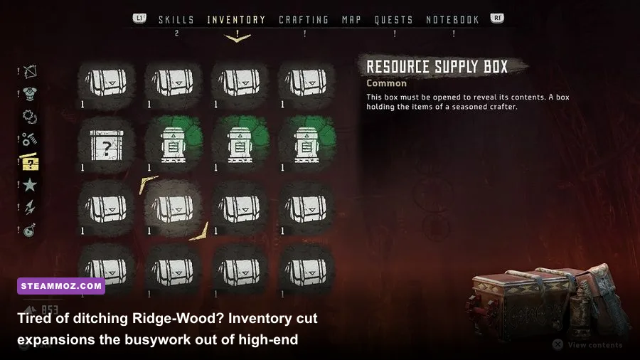 Horizon Zero Dawn PC inventory screen showing resource slots and crafting materials