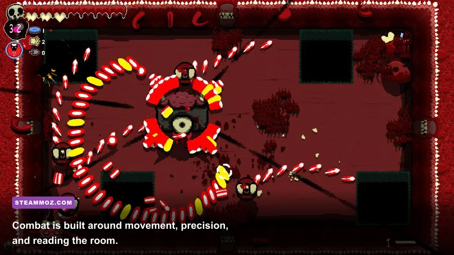 Cavity Busters combat encounter with enemies and projectiles in a procedurally generated room
