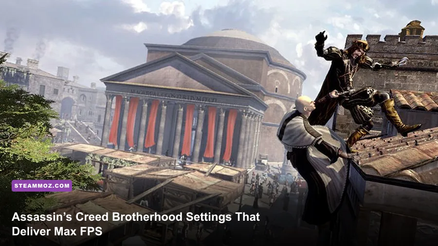 Ezio Auditore overlooking Rome rooftops in Assassin's Creed Brotherhood