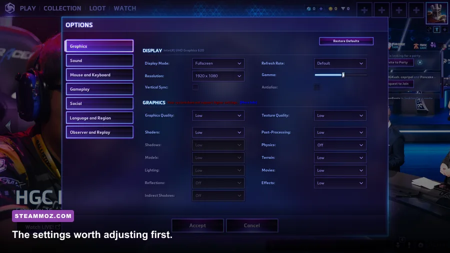 Last Heroes graphics settings menu on a Windows gaming PC