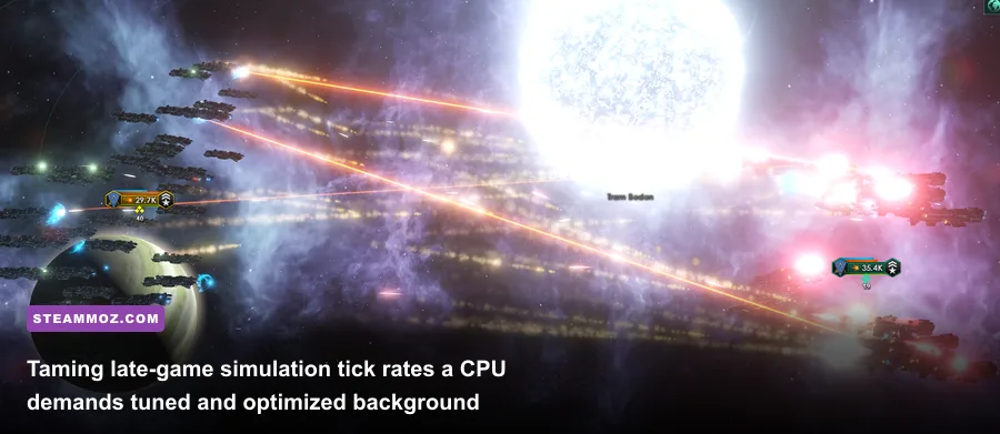 Hundreds of interstellar battleships firing plasma lances across a star system in Stellaris