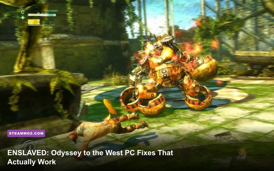 Trip and Monkey exploring ruined jungle structures in ENslaved Odyssey to the West Premium Edition