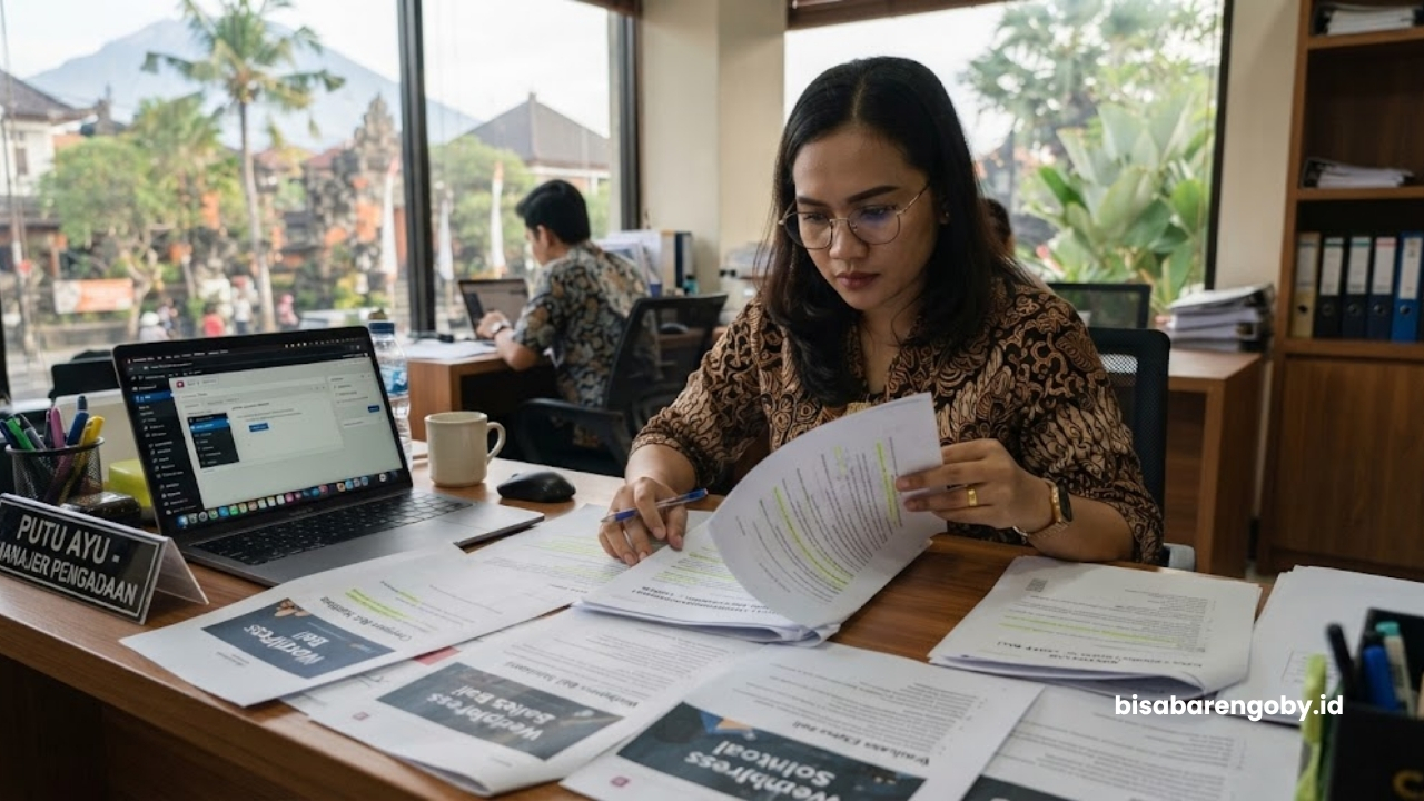 Manajer pengadaan menyeleksi dokumen proposal saat mencari vendor website company profile untuk perusahaan di Bali berbasis WordPress