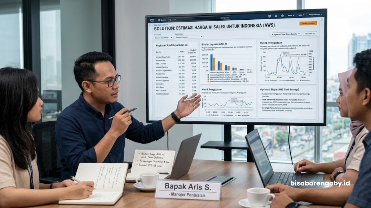 Manajer penjualan mengevaluasi estimasi harga AI Sales untuk perusahaan di Indonesia berbasis AWS AI