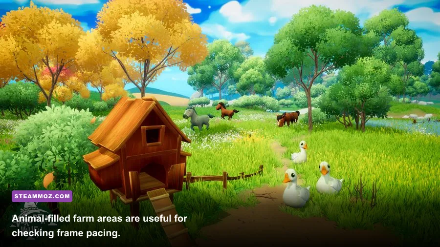 Everdream Valley gameplay showing farm animals near a barn and crops