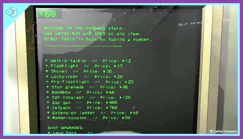 Using the ship computer terminal to buy items in Lethal Company