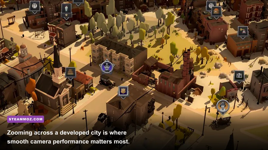 City of Gangsters strategic city map viewed from a zoomed-out camera