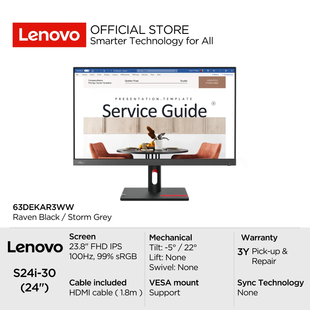Lenovo Monitor ThinkVision S24i-30 63DEKAR3WW Raven Black 23.8" FHD IPS 250nits 100Hz 99% sRGB Antiglare WLED Backlight Tilt VESA HDMI Cable Garansi Resmi 3 Tahun Pick-up & Repair S24i 24inch NearEdgeless