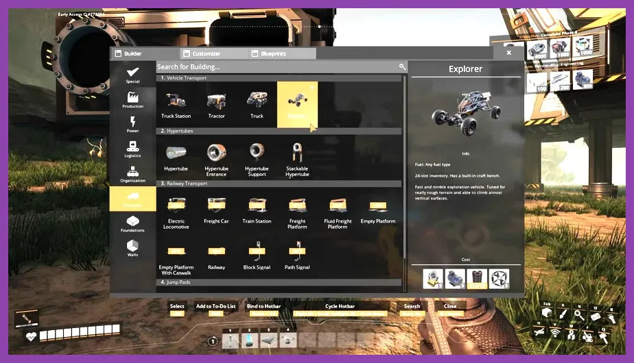 Close-up of the Explorer crafting menu displaying required materials