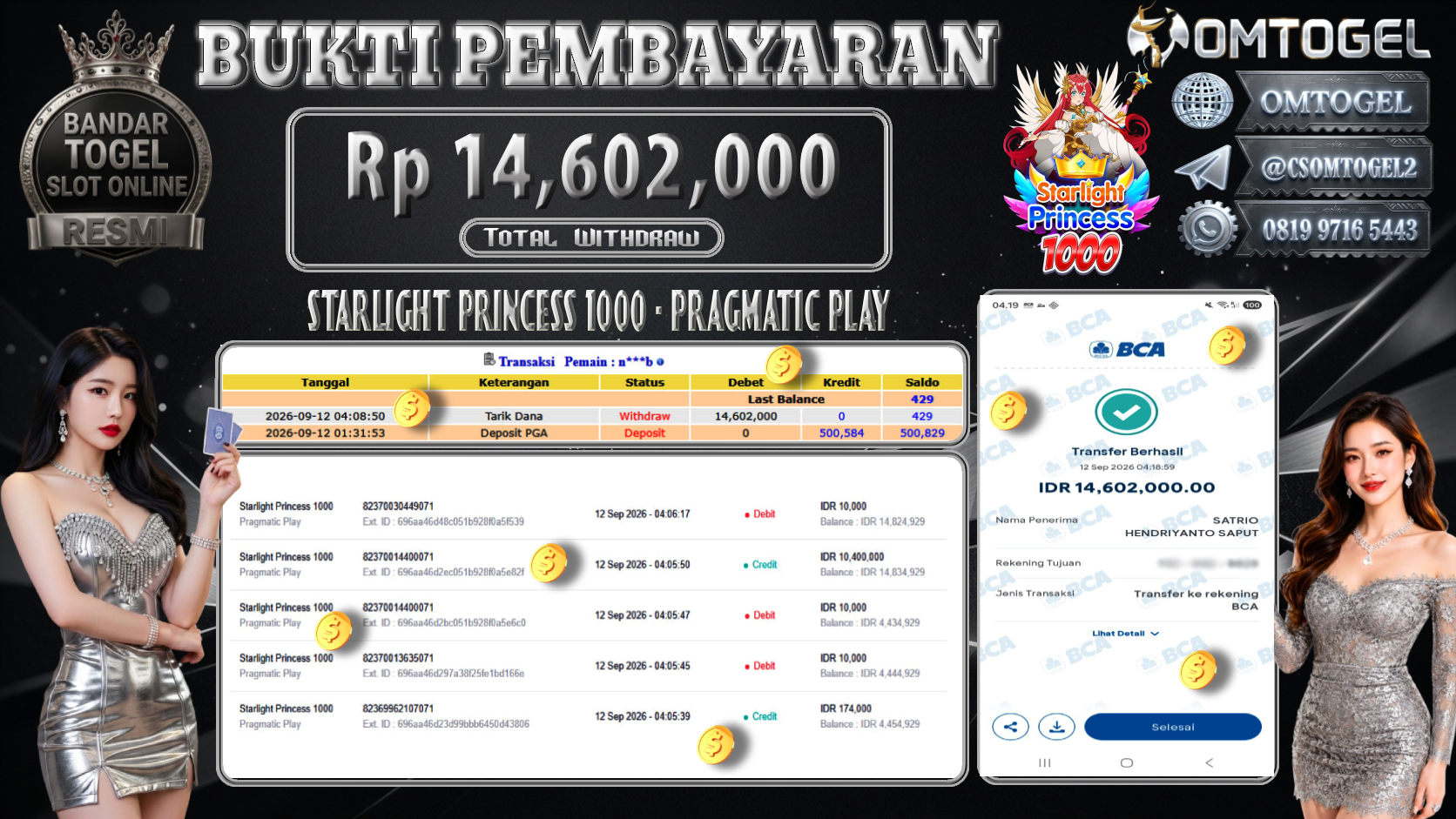 OMTOGEL JACKPOT PRAGMATIC PLAY STARLIGHT PRINCESS 1000 Rp.14,602,000,- DIBAYAR LUNAS