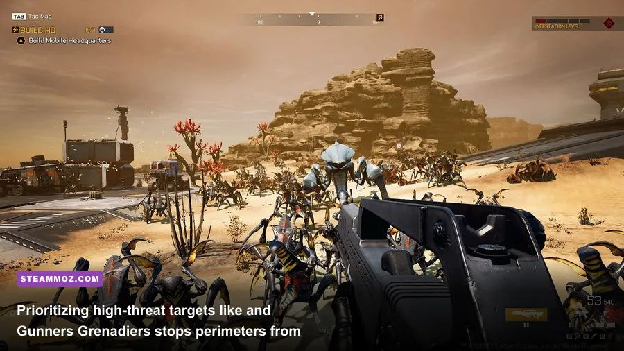 Tiger bug breaching base defenses alongside projectile spitting Grenadiers