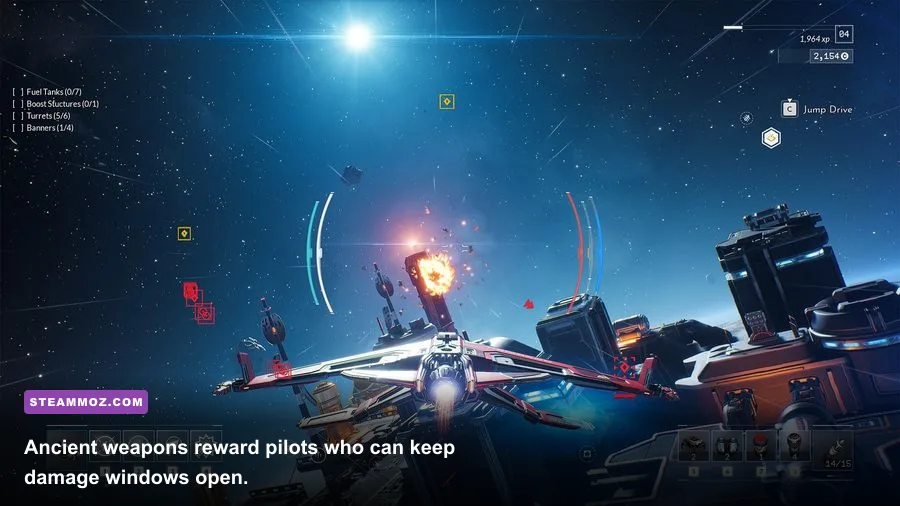 EVERSPACE 2 ship firing energy weapons during Wrath of the Ancients combat
