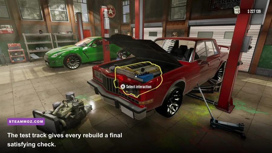 Restored muscle car driving around the Car Mechanic Simulator 2015 test track